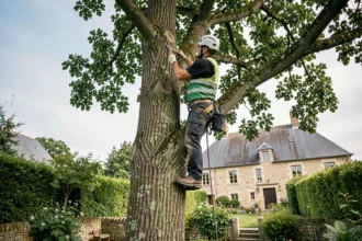 Élagueur professionnel certifié grimpant dans un chêne avec équipement de sécurité dans un jardin de la Vienne