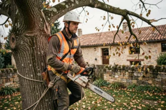 Élagueur professionnel sécurisé dans un arbre endommagé lors d'une intervention d'urgence à Bergerac