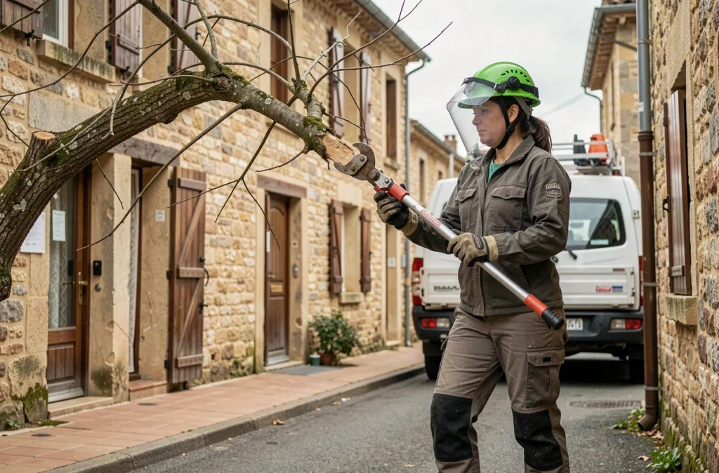 Élagueuse professionnelle coupant une branche morte menaçante sur une maison en pierre dans une rue de Bergerac