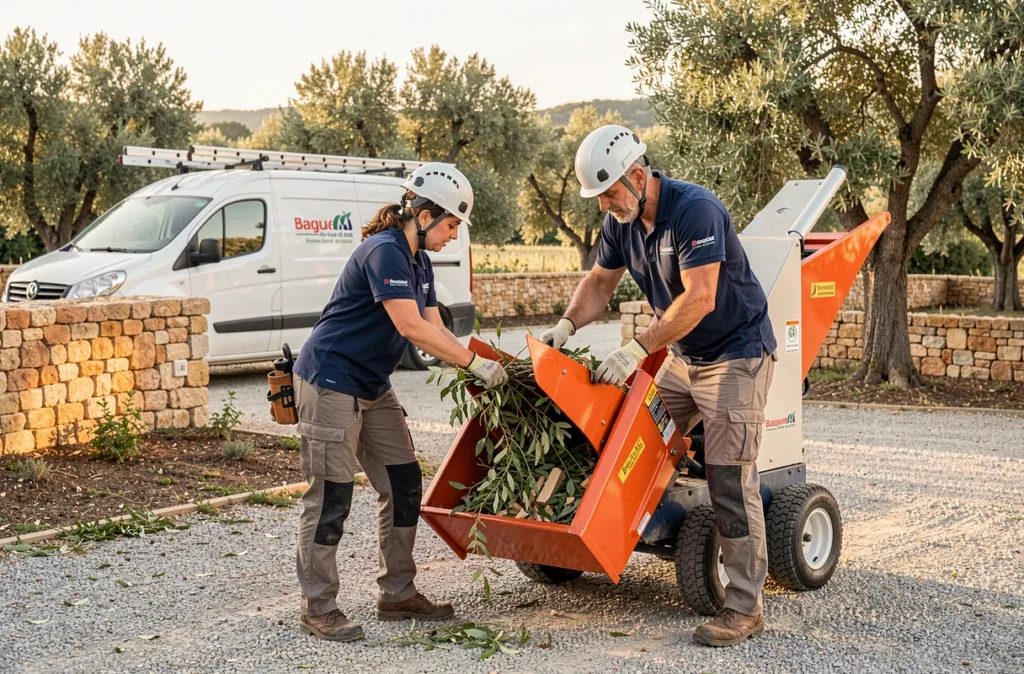 Équipe d'élagueurs utilisant un broyeur de branches sur une propriété privée près de Bagnols-sur-Cèze