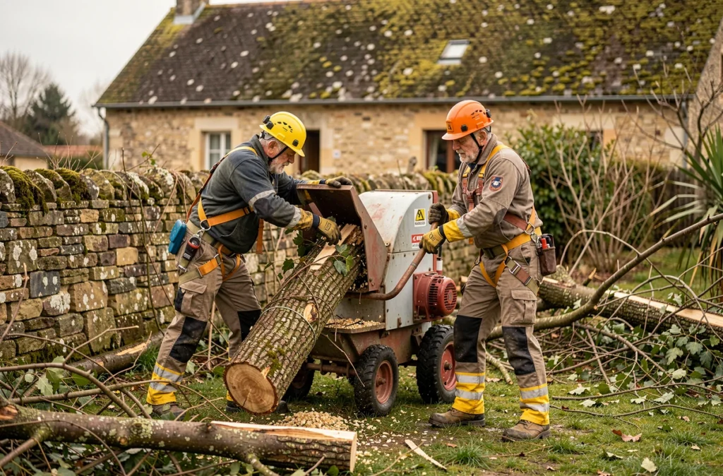 Deux élagueurs utilisant un broyeur de branches lors d'une intervention d'urgence après une tempête à Bergerac