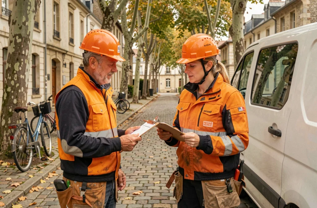 Deux élagueurs qualifiés consultant un devis devant leur véhicule professionnel dans une ville de la Vienne