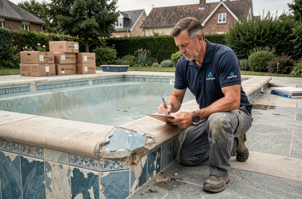 Technicien Everblue évaluant l'état d'une piscine vétuste pour une rénovation et mise aux normes dans une propriété parisienne