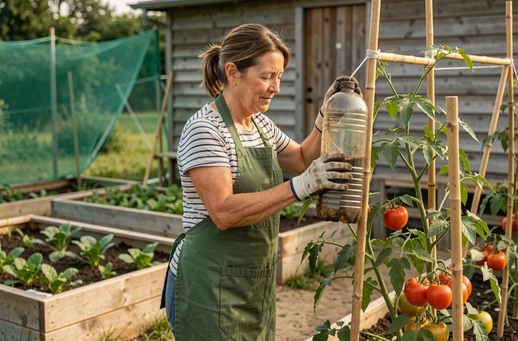 Femme installant un piège à frelon artisanal en bouteille plastique dans un potager entre des plants de tomates