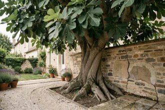 Figuier mature dont les racines soulèvent une allée de jardin en pierres, illustrant les inconvénients d'une plantation trop proche d'un mur