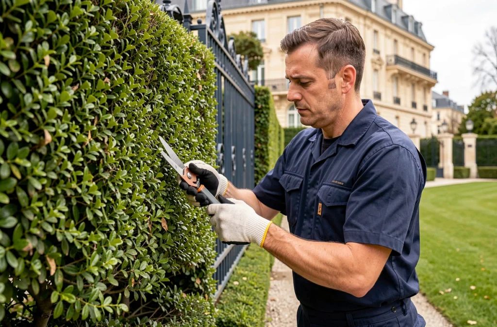 Jardinier de la Générale des Services Neuilly taillant une haie topiaire devant une propriété de prestige