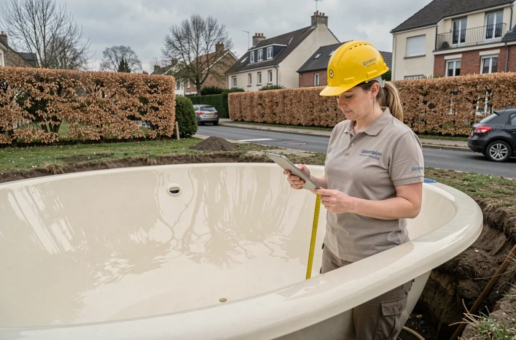 Cheffe de projet Génération Piscine supervisant l'installation d'une coque polyester dans un jardin de banlieue parisienne avec tablette de relevés