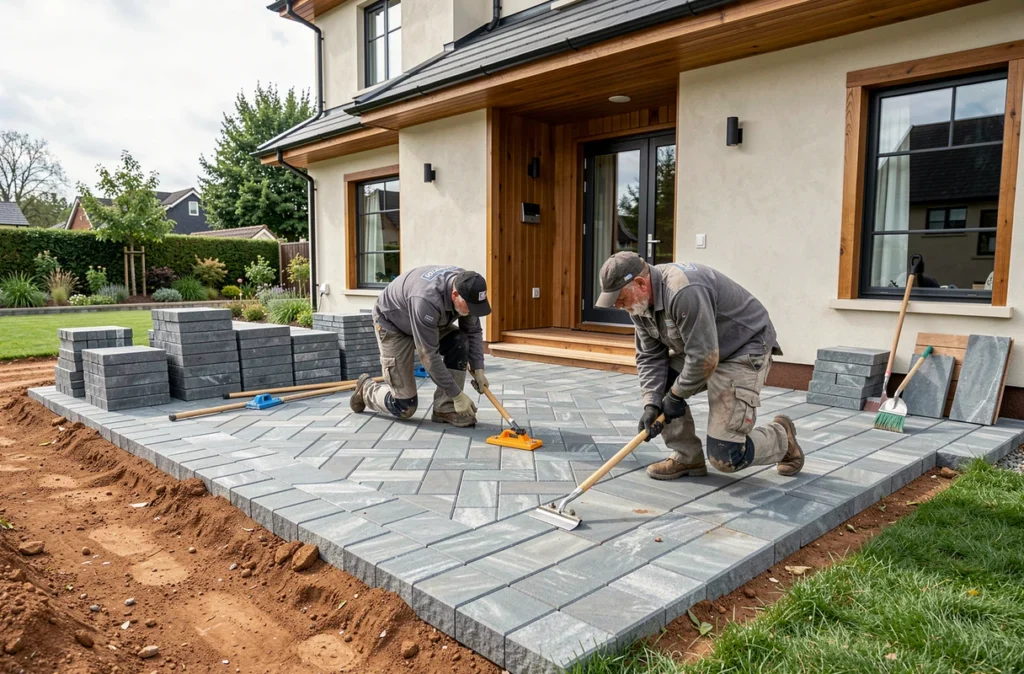 Équipe GGP Aménagements Extérieurs posant des pavés décoratifs pour créer une terrasse moderne devant une maison normande contemporaine