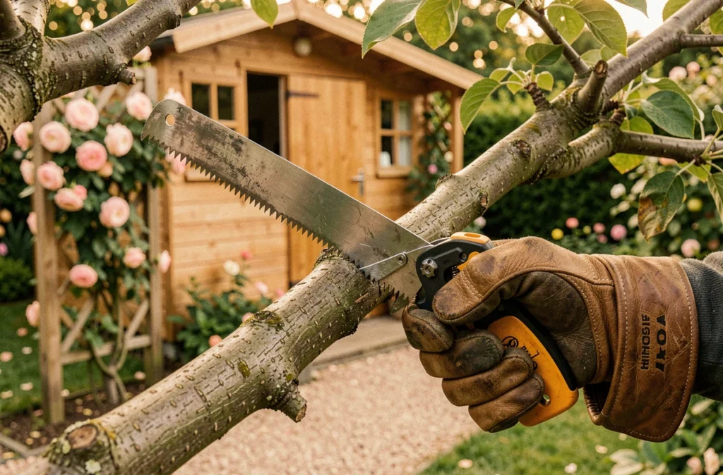 Gros plan sur les mains d'un élagueur utilisant une scie pour couper une branche dans un jardin particulier