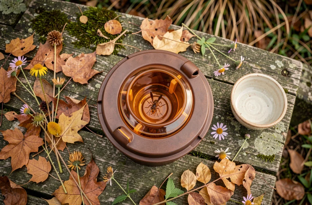 Gros plan d'un piège à frelon posé sur une table de jardin en bois avec appât liquide ambré visible