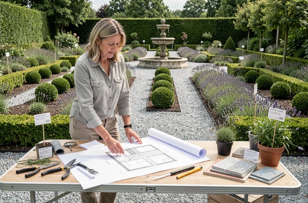 Architecte paysagiste Horizon Jardin consultant des plans de jardin sur une table de chantier devant un aménagement formel en cours à Normandie