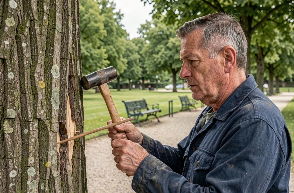 Élagueur expérimenté inspectant l'état sanitaire d'un arbre dans un parc public de la Vienne