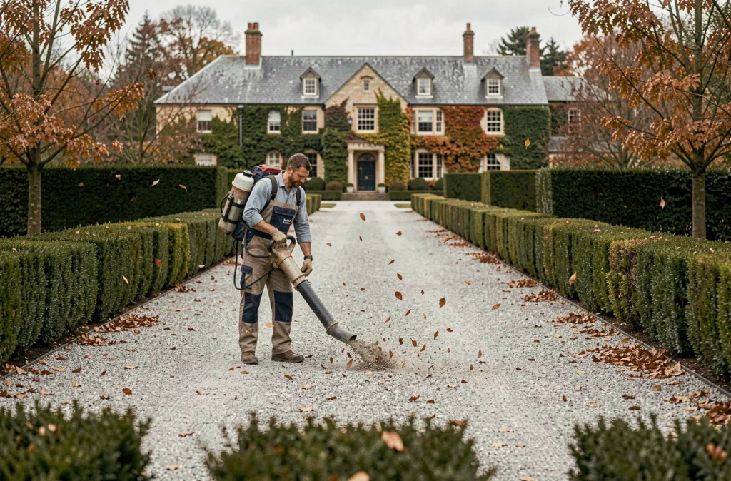 Jardinier Jardin Propre soufflant les feuilles d'une allée en gravier bordée de haies de troènes devant un manoir normand