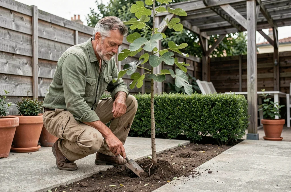 Jardinier inspectant les racines d'un figuier mal planté entre une terrasse et une clôture en bois dans un jardin urbain