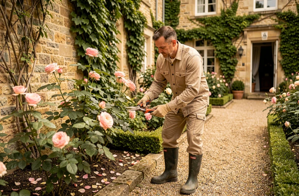 Assistant de jardinage Lebe Services taillant des rosiers dans un jardin de villa à Ville-d'Avray