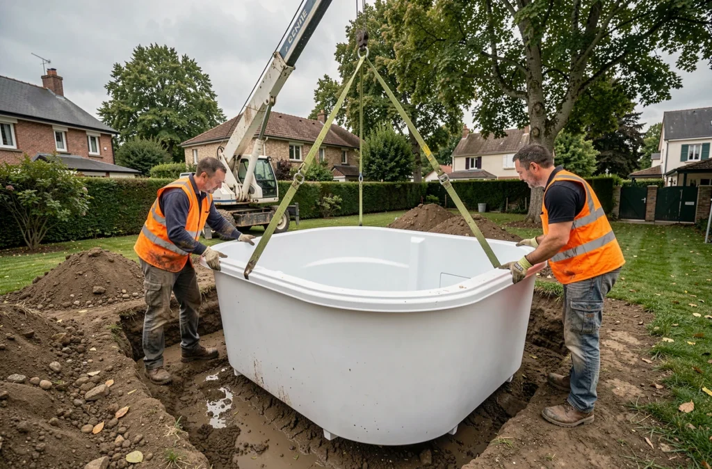 Mise en place d'une piscine monobloc Magiline par grue dans un jardin de banlieue parisienne avec des techniciens en gilets haute visibilité