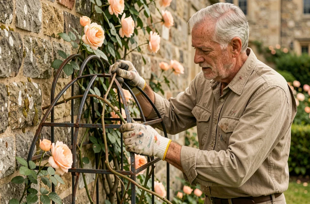 Marc Mitou installant un treillis en fer forgé artisanal contre un vieux mur en pierre couvert de roses grimpantes dans un domaine normand