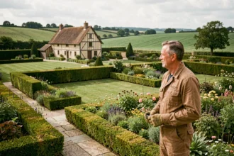 Paysagiste professionnel supervisant un jardin normand avec haies taillées, allées en pierre et maison à colombages en arrière-plan