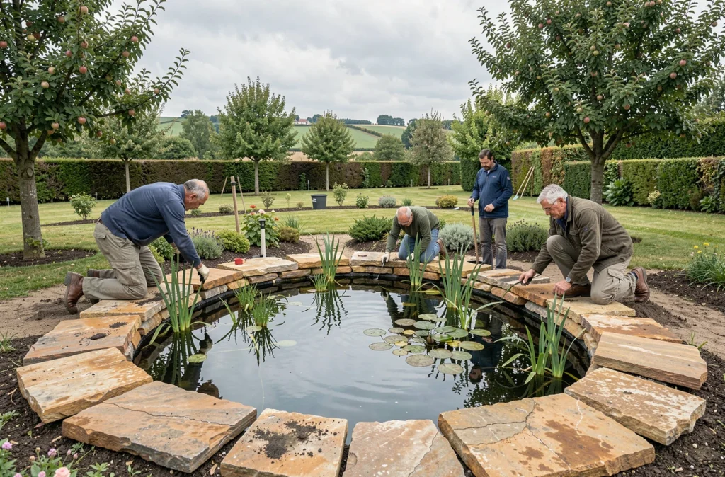 Équipe Normandie Paysage installant une mare naturelle avec bordure en calcaire et plantes aquatiques dans un jardin rural normand