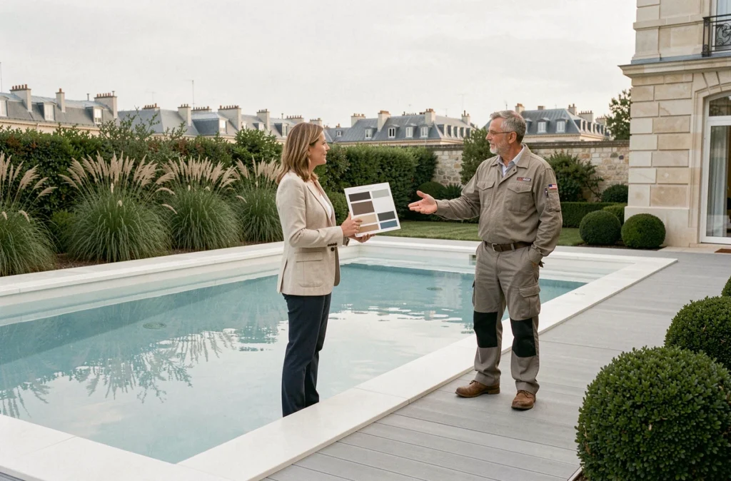 Installation haut de gamme d'une piscine Piscinelle dans le jardin d'une villa parisienne avec une designer consultant des matériaux