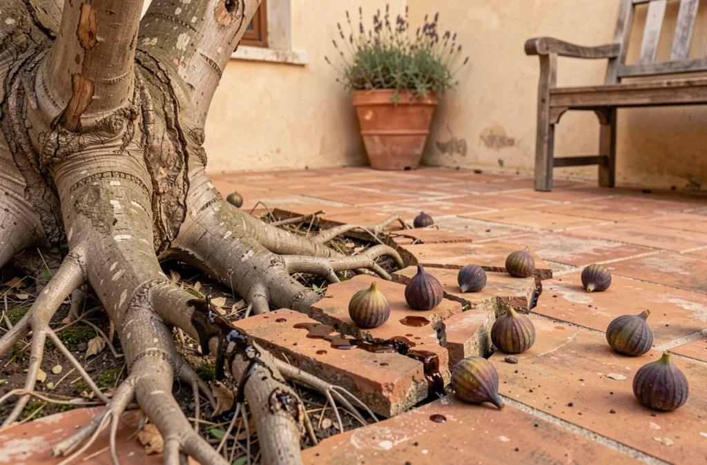 Racines de figuier soulevant des carreaux en terre cuite d'une cour méditerranéenne avec des figues tombées et de la sève séchée visible sur l'écorce