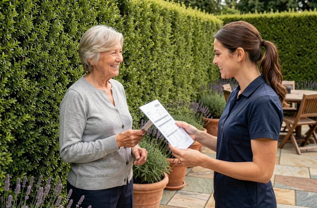 Prestataire de service à la personne présentant une facture à une femme âgée devant une haie de buis taillée dans un jardin de particulier