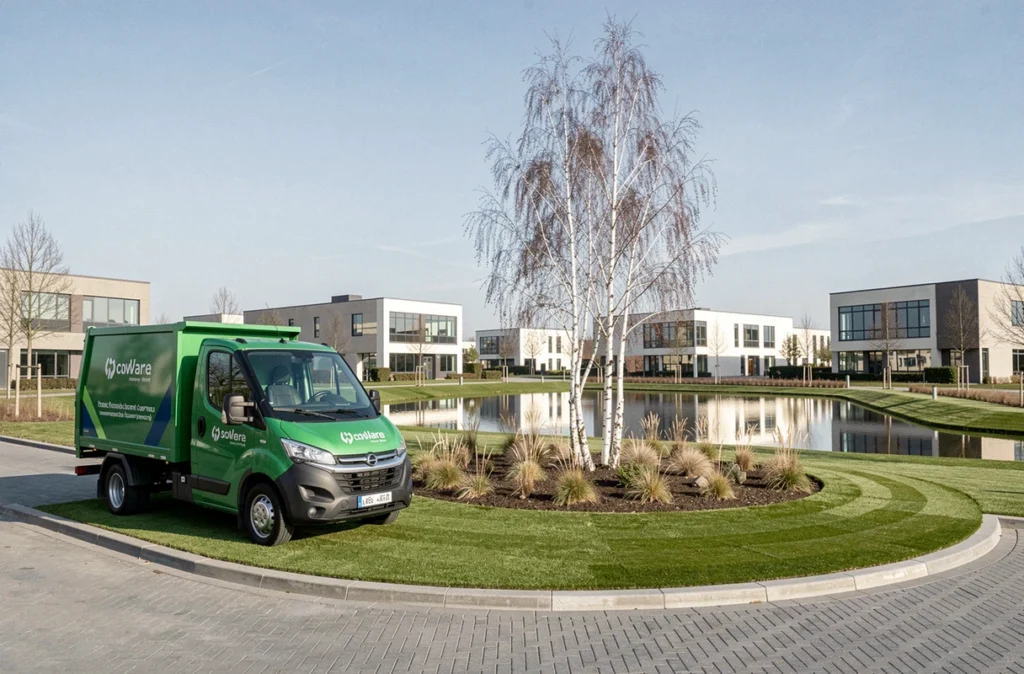 Camion de l'entreprise Sodi Normandie garé devant un aménagement paysager commercial achevé avec gazon frais et bosquet de bouleaux à l'entrée d'un parc d'activités normand