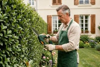 Homme en tablier de jardinage taillant une haie de troène avec des cisailles électriques dans un jardin de maison individuelle