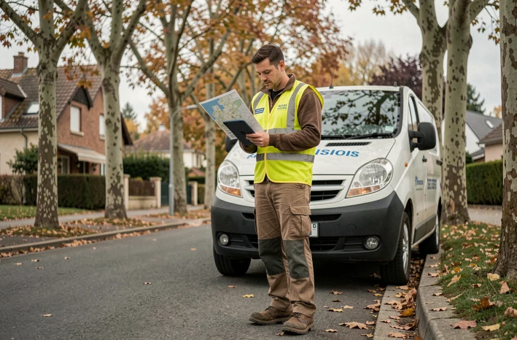 Technicien en élagage consultant une carte de zone de service sur tablette devant son camion de travail