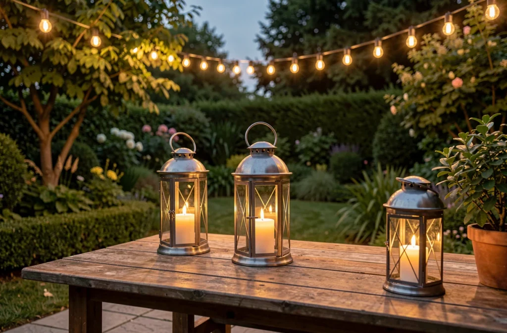 Guirlande lumineuse et lanternes éclairant une terrasse de jardin au crépuscule