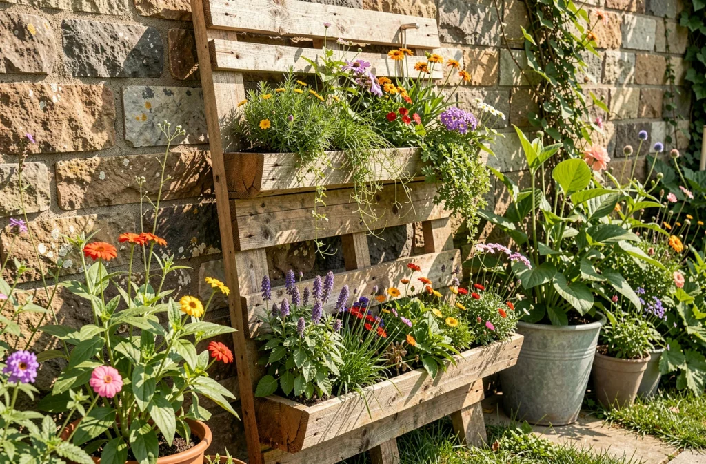 Jardinière verticale fabriquée dans une palette et plantée de fleurs