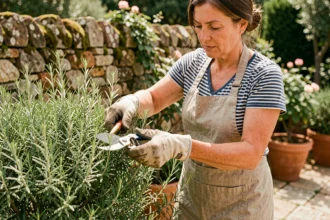 Femme taillant un buisson de romarin dans un jardin méditerranéen avec un sécateur en inox